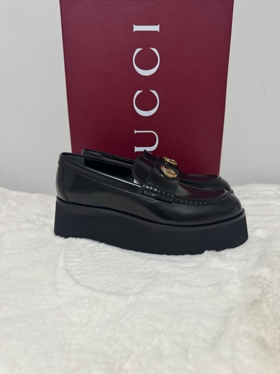 Gucci Shoes - Gucci Black Leather Platform Loafers with Gold Horsebit